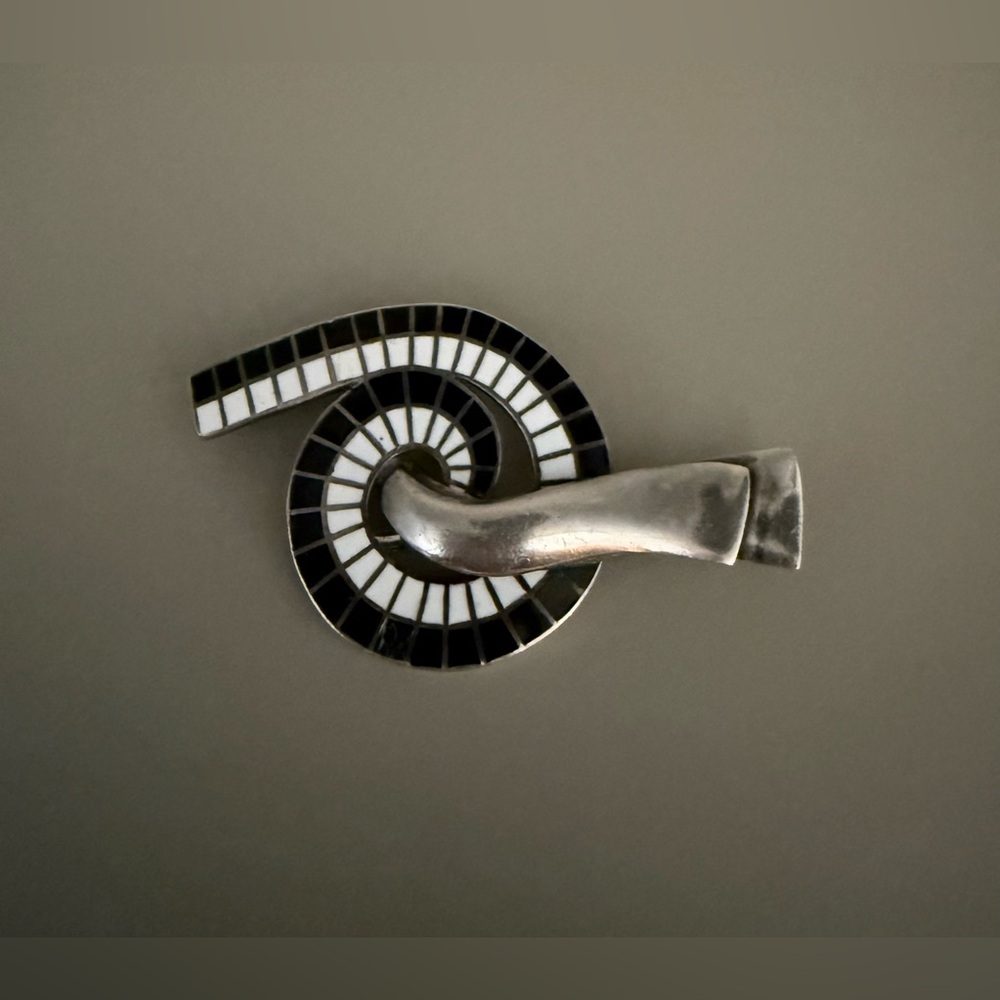 Famous Margot de Taxco Brooch White &Black Enamel & SterlingSilver &One Earring.